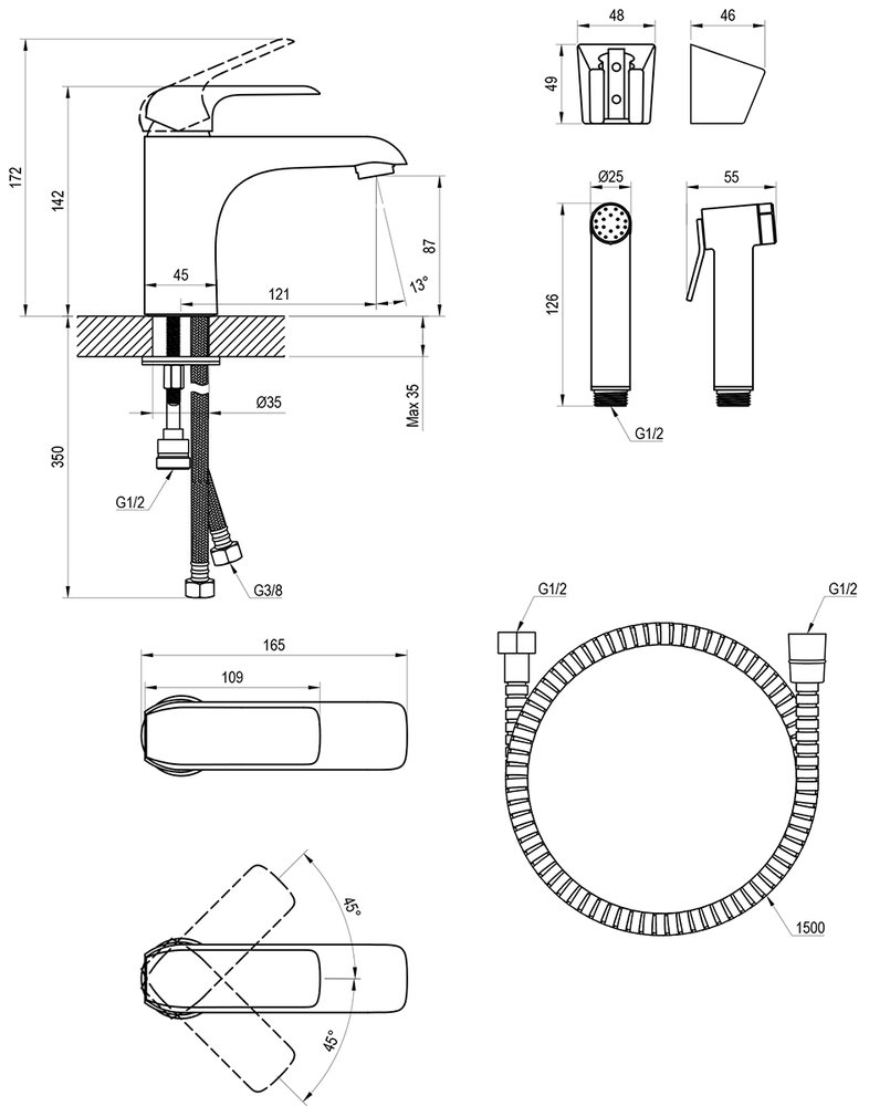 Einhand- Waschtischbatterie mit Funktionsbrause Flat ohne Ablaufgarnitur